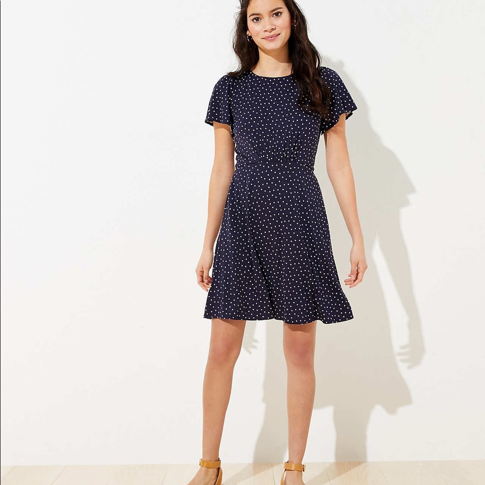 Loft Dotted Tie Back Pocket Flare Dress NWT